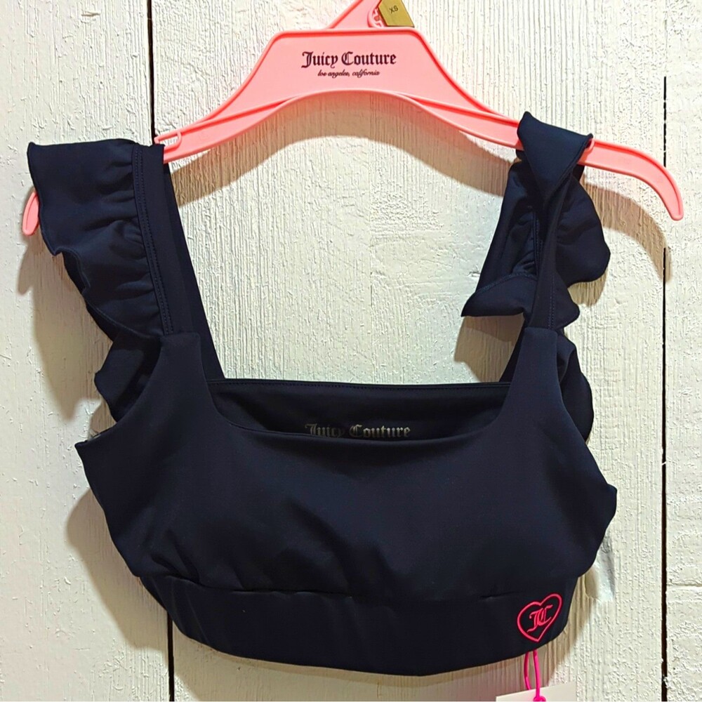 Juicy Couture Sport Women’s Black Ruffle Strap Logo Pullover Sports Bra XS